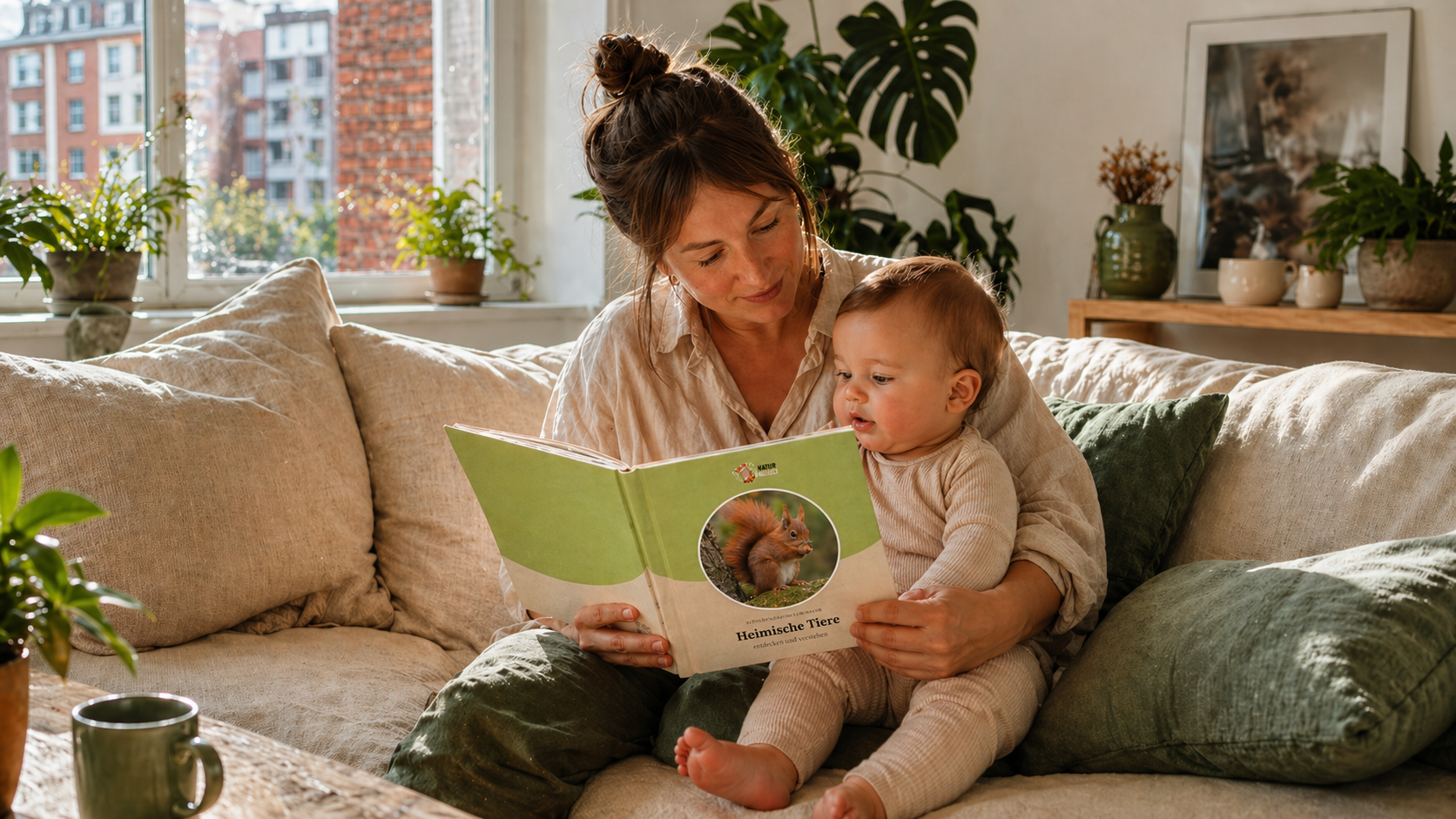 Mutter und Kleinkind lesen gemeinsam ein Bilderbuch auf dem Sofa