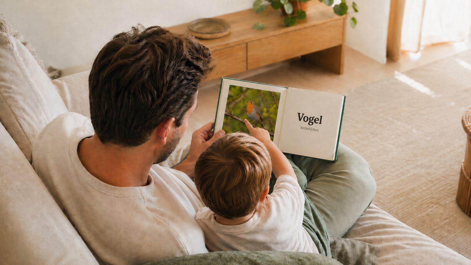 Vater liest mit seinem Sohn die Vogel-Seite aus „Heimische Tiere“ auf dem Sofa